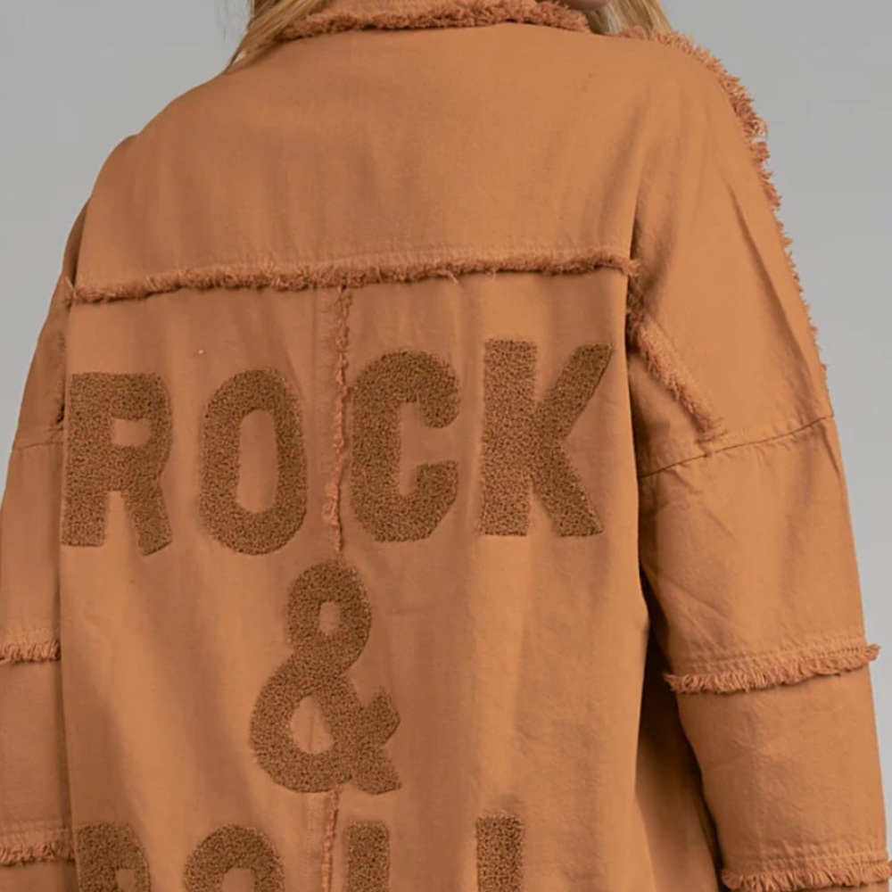 Elan denim distressed statement jacket in camel